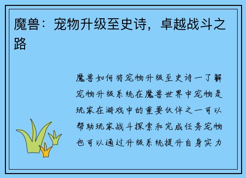 魔兽：宠物升级至史诗，卓越战斗之路